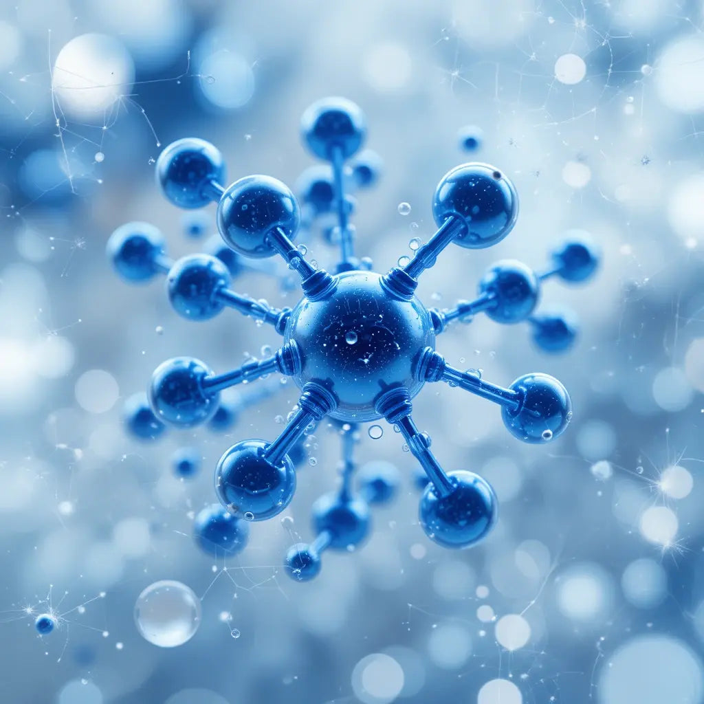 Blue molecular structure illustration on a blurred blue background with light effects