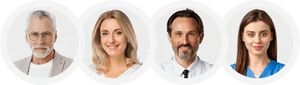 Four professional headshots of individuals on a white background